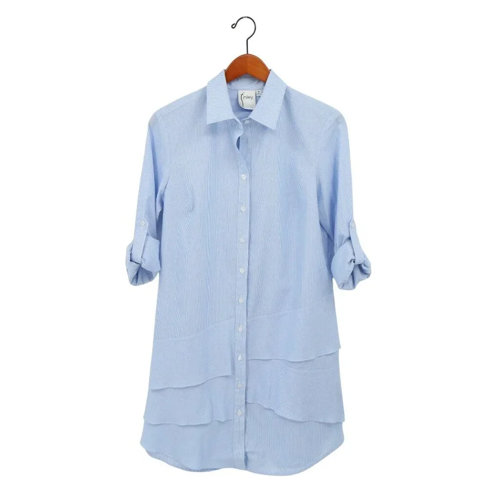 NWT Finley Jenna Striped Ruffled Tiered Shirt Dress Blue White Shirtdress S - Picture 3 of 8